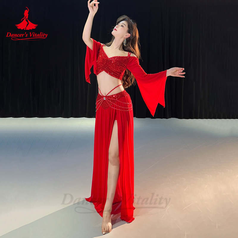 Ensemble de costumes de danse du ventre pour femmes, haut à manches longues en maille + jupe longue en gaze, ensemble d'entraînement 2 pièces, tenue de danse du ventre orientale