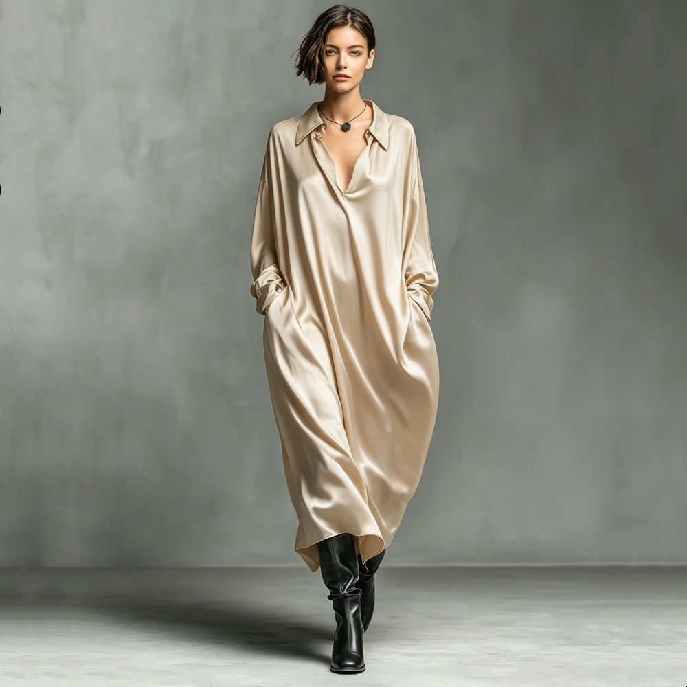 Robe longue satinée vintage grande taille pour femme, nouvelle collection, décontractée, ample, printemps-automne, élégante, vêtements 2026