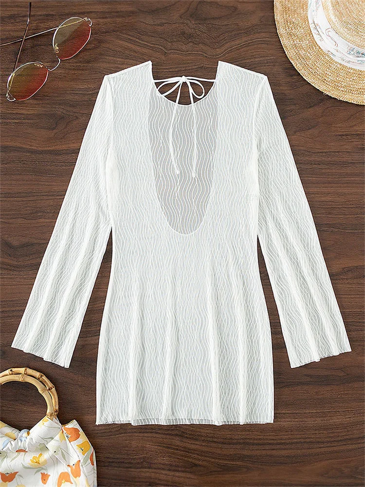 Robe de plage en maille à manches longues pour femmes, tenues de bikini sexy, tuniques blanches unies, cover-up pour maillots de bain, robe d'été élégante
