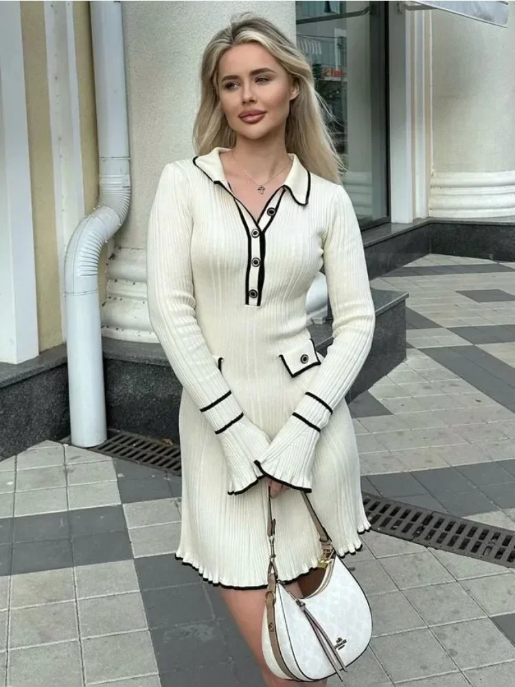 Tossy à volants mode robe en tricot femmes automne côtelé contraste à manches longues taille haute revers robe robe tricots dames robe Maxi