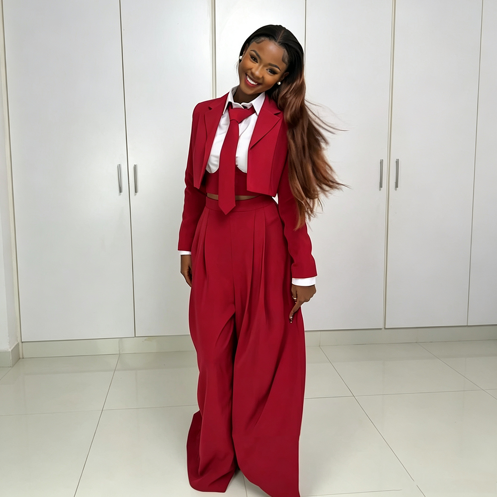Ensemble tailleur rouge deux pièces pour femme : Blazer court + pantalon large – Élégant, formel, mode quotidienne, chic décontracté, soirée, smoking personnalisé
