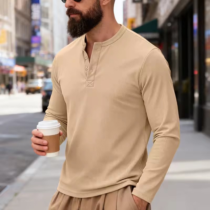 T-shirt Henley à manches longues pour homme, collection Printemps-Automne 2026, couleur unie, décontracté, pour le quotidien