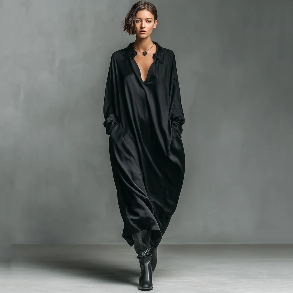 Robe longue satinée vintage grande taille pour femme, nouvelle collection, décontractée, ample, printemps-automne, élégante, vêtements 2026