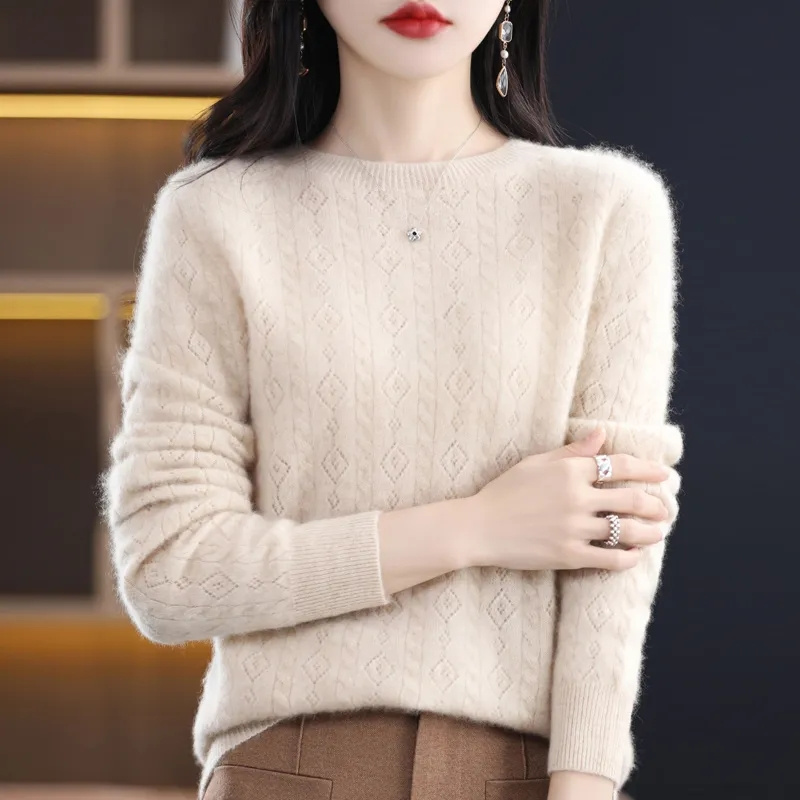 Pull en laine mérinos et cachemire pour femme, tricoté, col rond, manches longues, vêtements chauds, automne et hiver, 100%