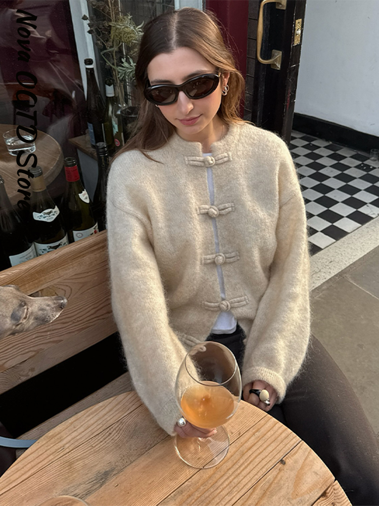 Cardigan élégant pour femmes, automne, col rond, manches longues, pull en tricot, nouveau style vintage décontracté, veste d'hiver 2026