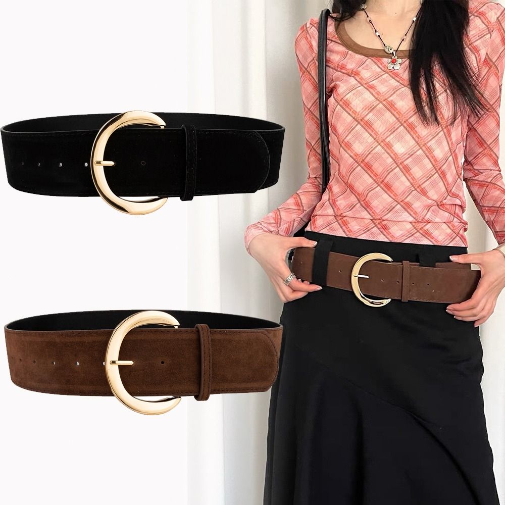 Ceinture large en cuir suédé pour femmes, Design de luxe rétro, décontractée, polyvalente, boucle ardillon, tendance, pantalon, robe