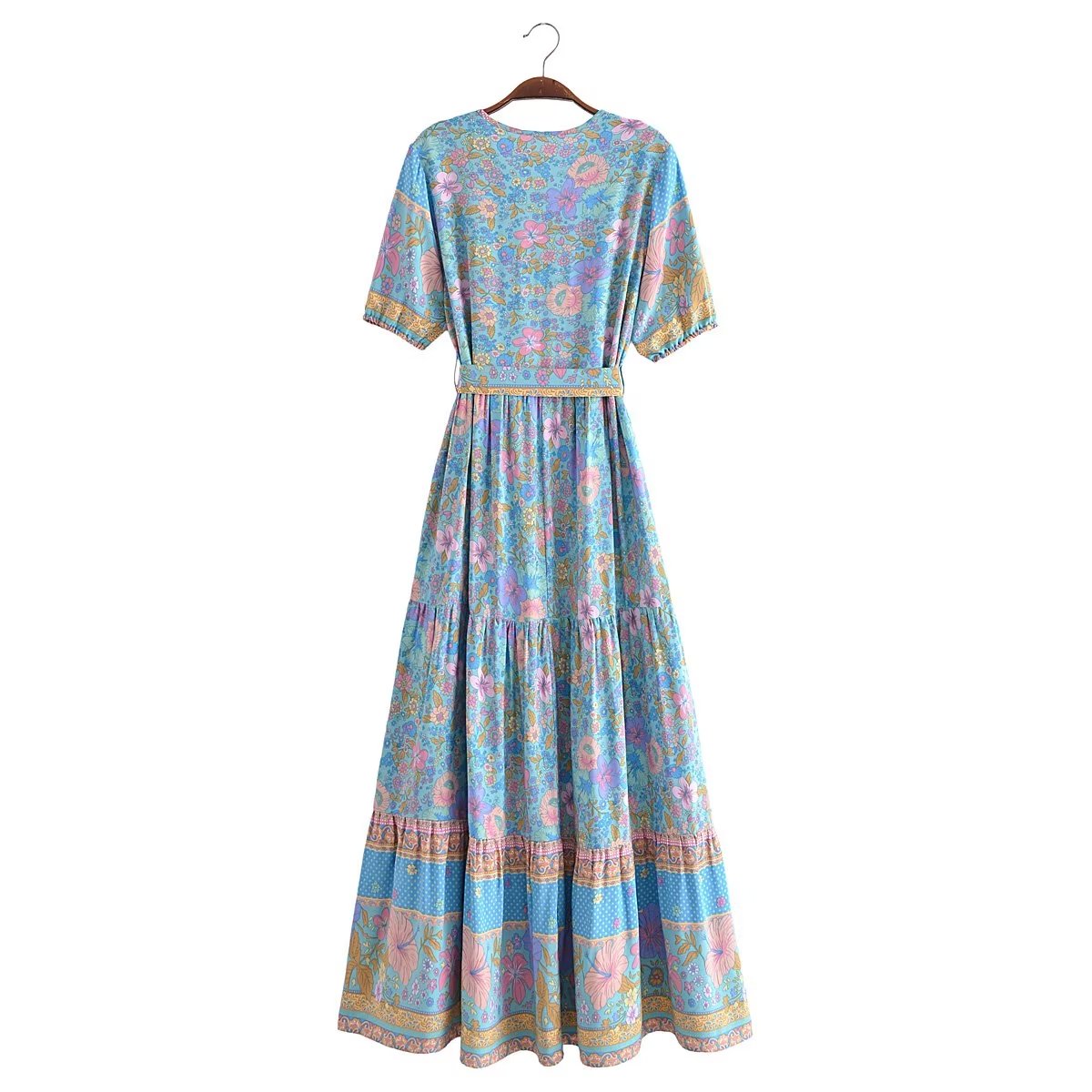 Robe longue à lacets pour femmes, style Boho, imprimé Floral, boutons, style bohème, manches courtes, été