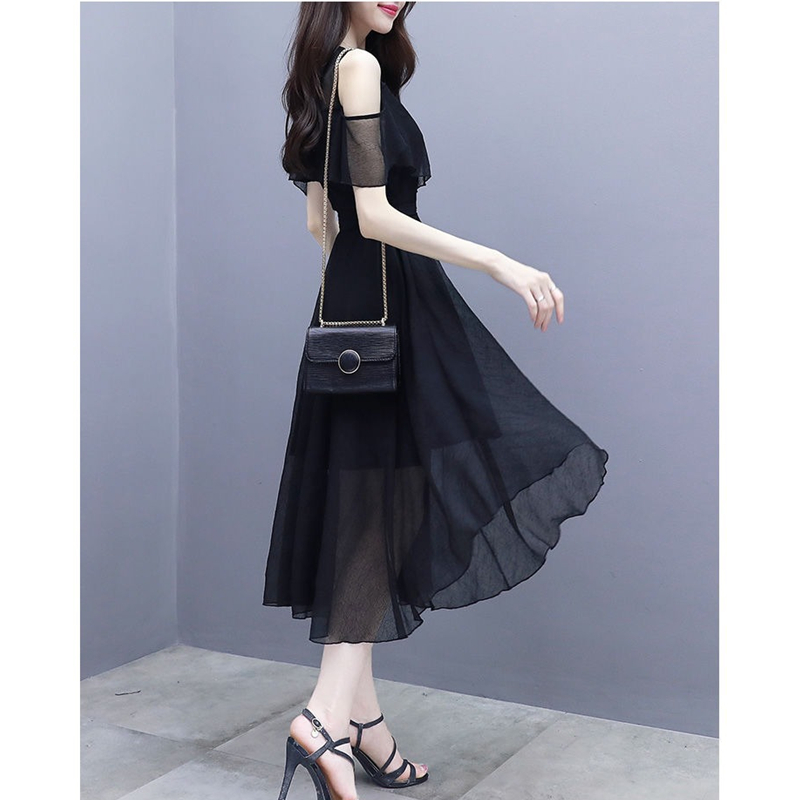 Robe d'été en mousseline de soie pour femmes, tenue de bureau coréenne, gracieuse, décontractée, noire, épaules dénudées, nouvelle mode, vêtements féminins, 2025