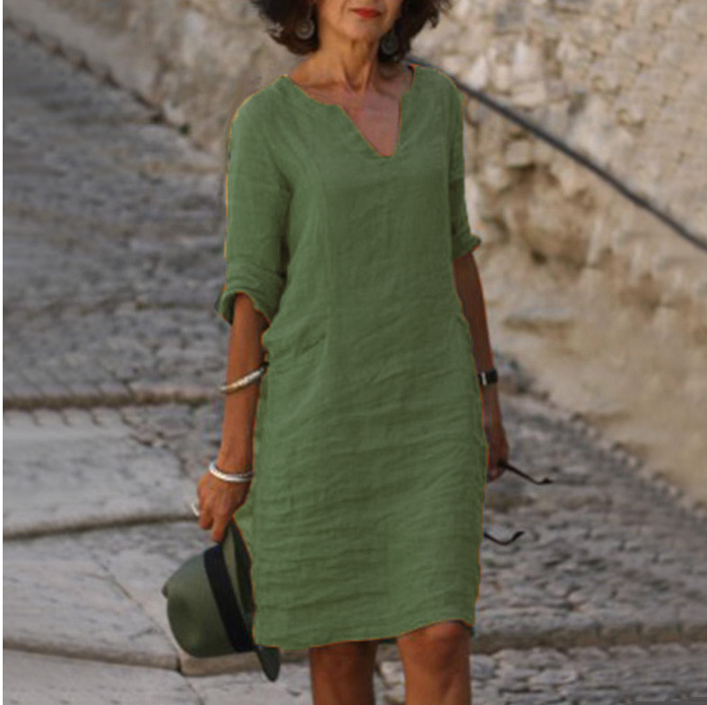 Robe mini vintage unie pour femme, mode estivale, col en V, manches trois quarts, robe décontractée pour femme, tenue de vacances