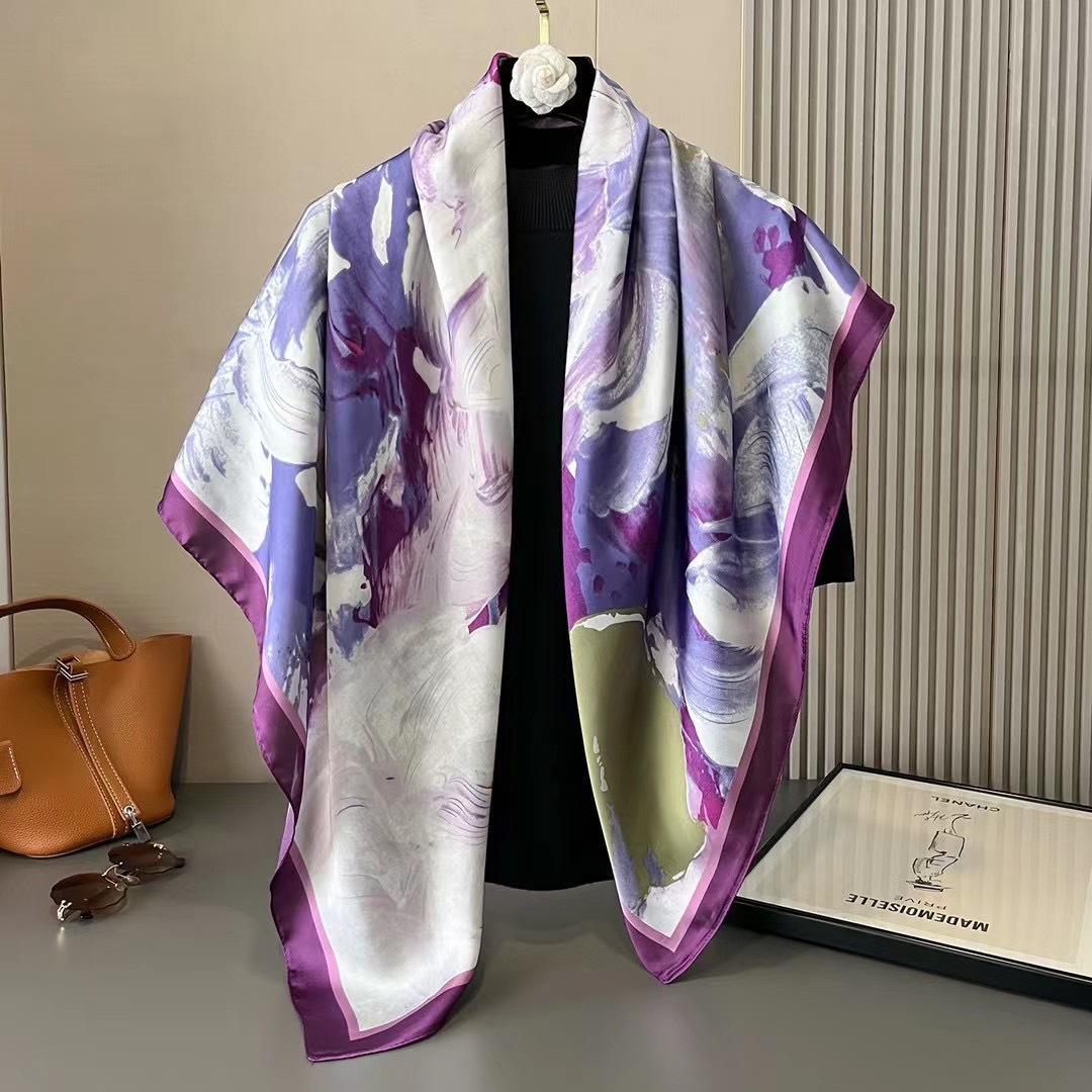 2025 nouveau 110 cm grande écharpe satin imprimé foulard en soie Lijin forgé imitation soie foulard pour femme