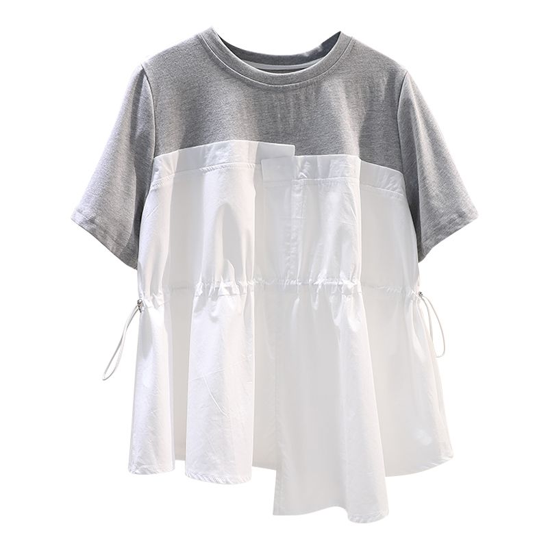 Femmes vêtements contraste irrégulier Patchwork tendance hauts été nouveau à manches courtes cordon ample Vintage t-shirts mode décontracté