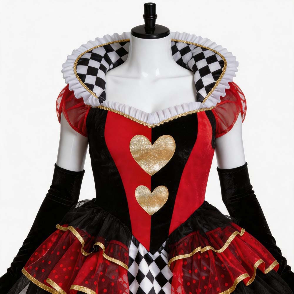 Costume d'Halloween pour femmes, Reine du Cœur, robe tutu à volants rouge, noir et or avec longs gants, tenue de fête cosplay à motif damier de poker.