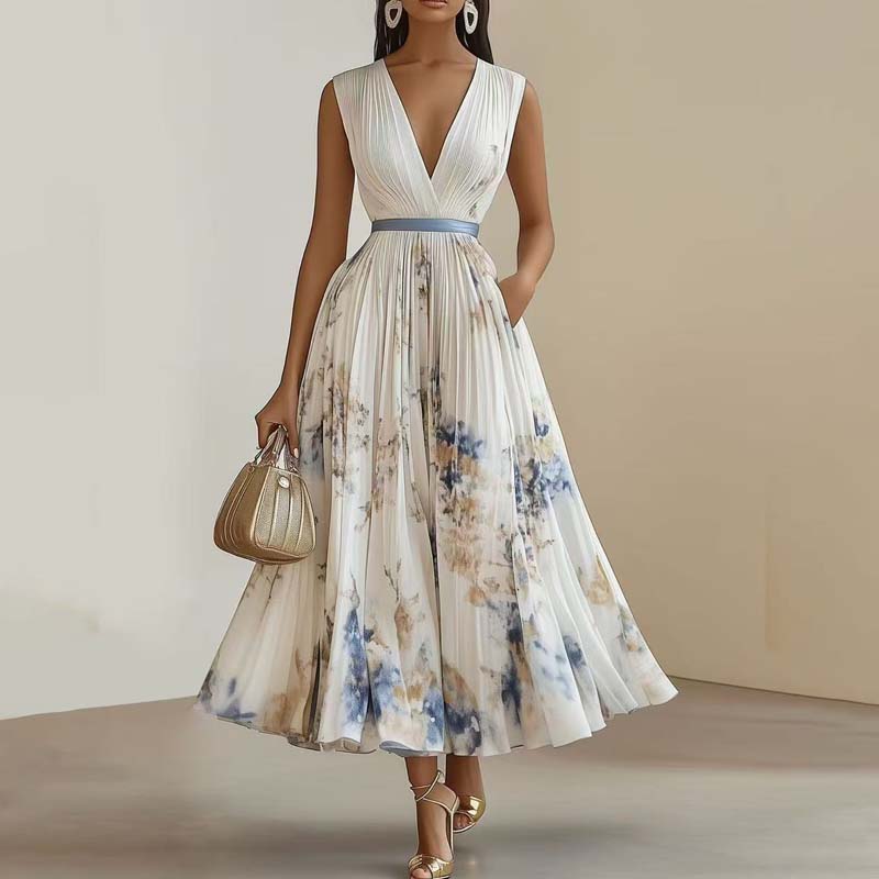 Femmes col en V sans manches fête drapée Maxi robes Vintage élégant bureau robe trapèze florale pour les femmes dame Chic robe de soirée
