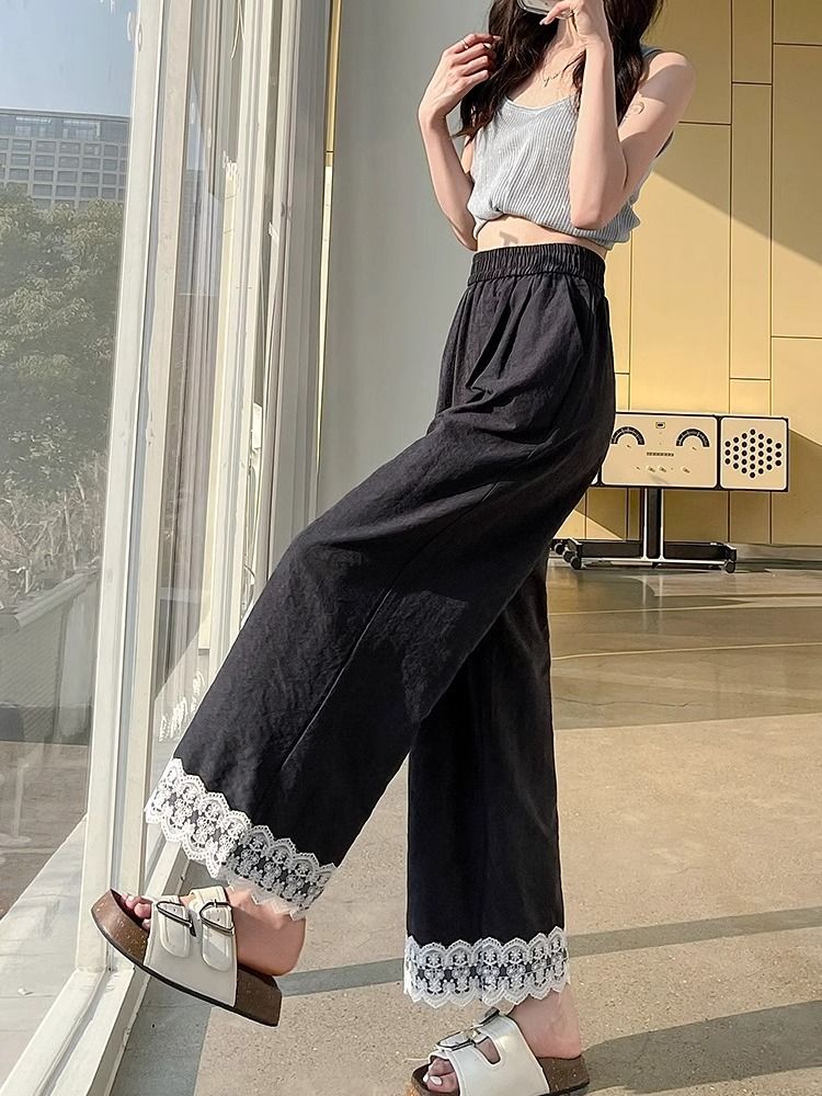 Pantalon droit ample en dentelle pour femmes, en soie glacée, décontracté et polyvalent, à neuf points, été