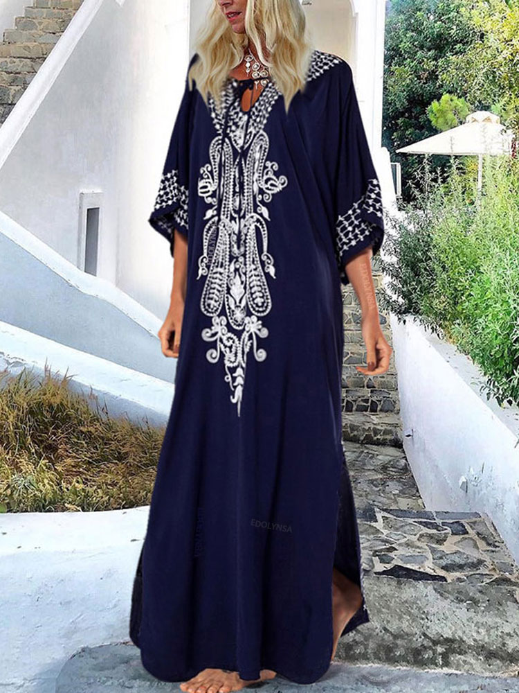 Robe d'été brodée Indie Folk 2026 à manches courtes, tunique en coton, caftan de plage, tenue de plage pour femme, paréo de maillot de bain, robe de plage