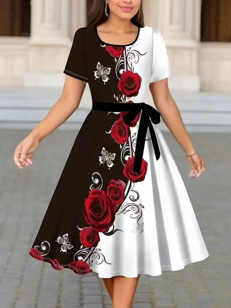 Robe mi-longue décontractée pour femme, imprimé floral, col rond, manches courtes, taille nouée, noire et blanche, élégante pour les fêtes