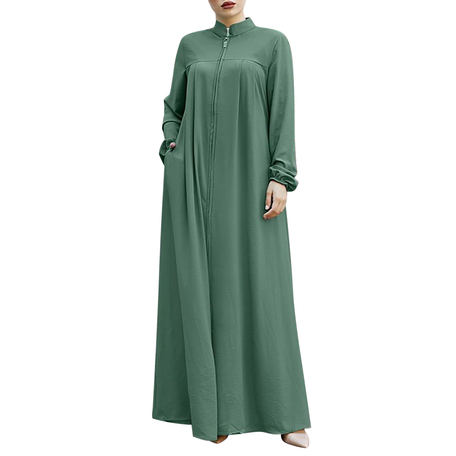 Abayas surdimensionnées pour femmes, robe musulmane avec fermeture éclair sur le devant, avec poches, col montant, vêtements islamiques solides, Jilbab ample