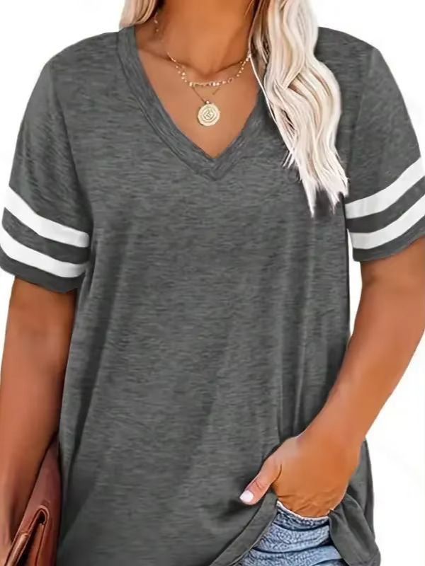 Femmes mode grande taille col en v été couleur bloquée T-shirt été haut ample à manches courtes T-shirt style décontracté 1XL-8XL