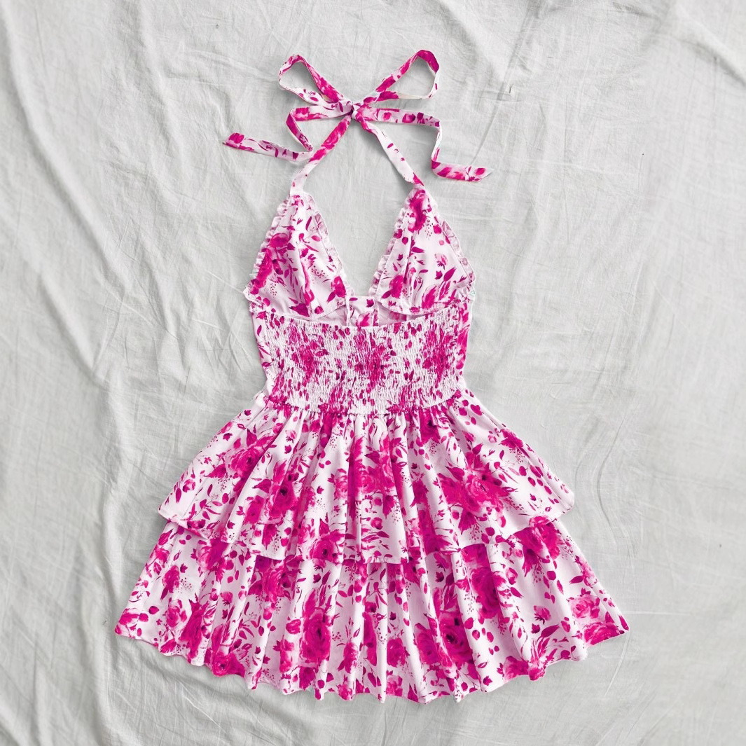 Robe d'été vintage à imprimé floral, style tunique à lacets et volants, mini-robe de plage pour femme, motif rose, XXYL-559