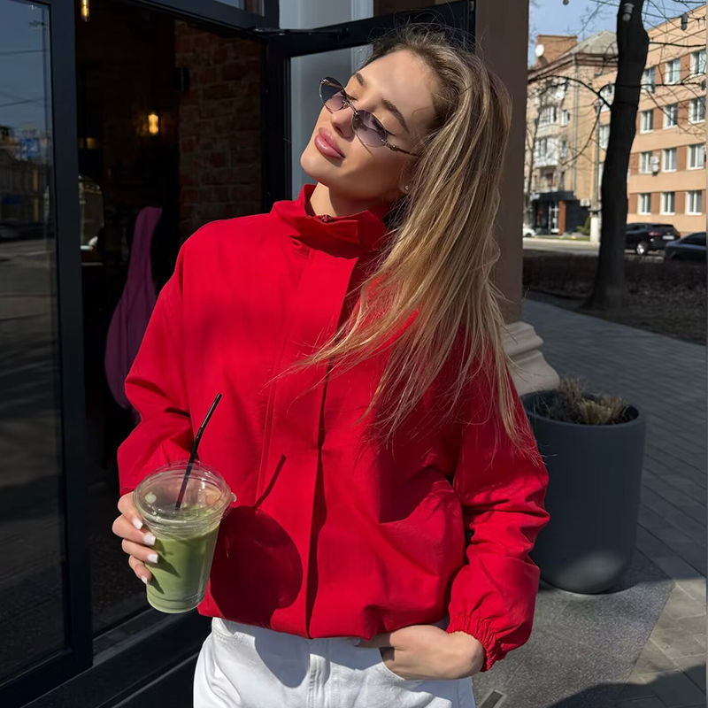 Veste Femme 2026 Nouvelle Collection – Veste Sport Décontractée Chic à Col Montant et Fermeture Éclair, Coupe Ample, Manches Longues, Rouge Oversize pour Femme