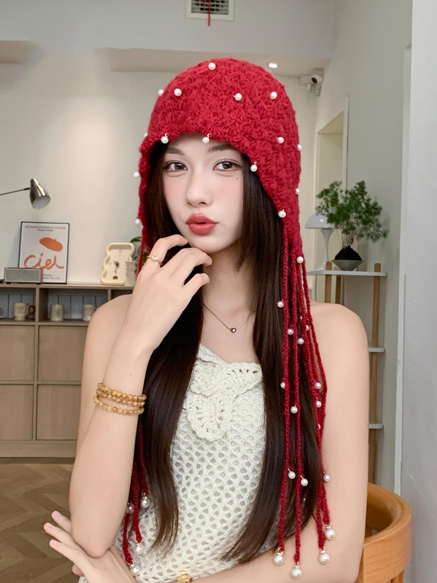 Baotou – chapeau tricoté avec pendentif en perles creuses pour femme, nouveau Style ethnique, Look rétro, petit chapeau tricoté polyvalent, automne/hiver 2025