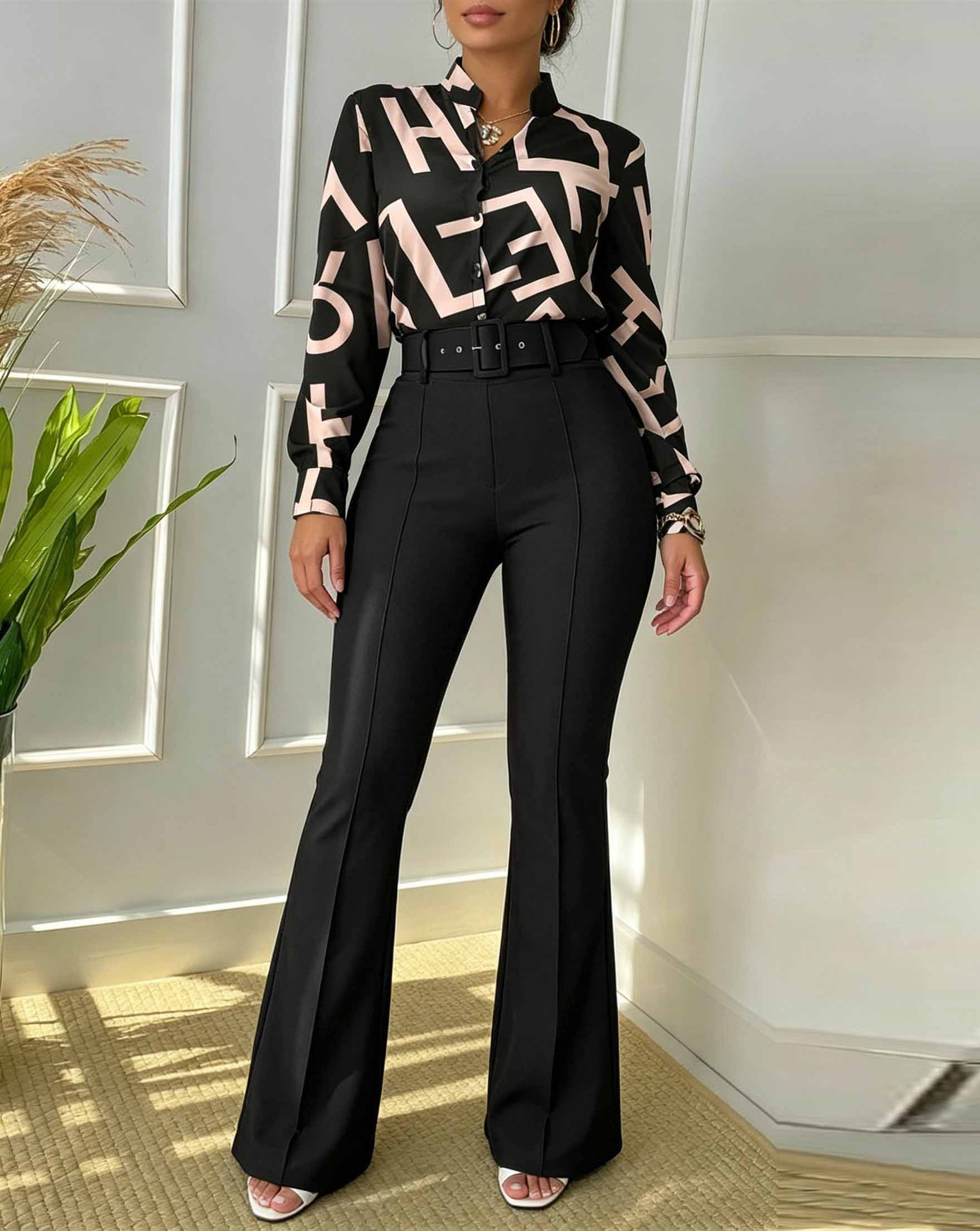 Ensemble élégant pour femmes automne 2026, comprenant un haut à manches longues à col montant imprimé et un pantalon droit, ensemble décontracté deux pièces.