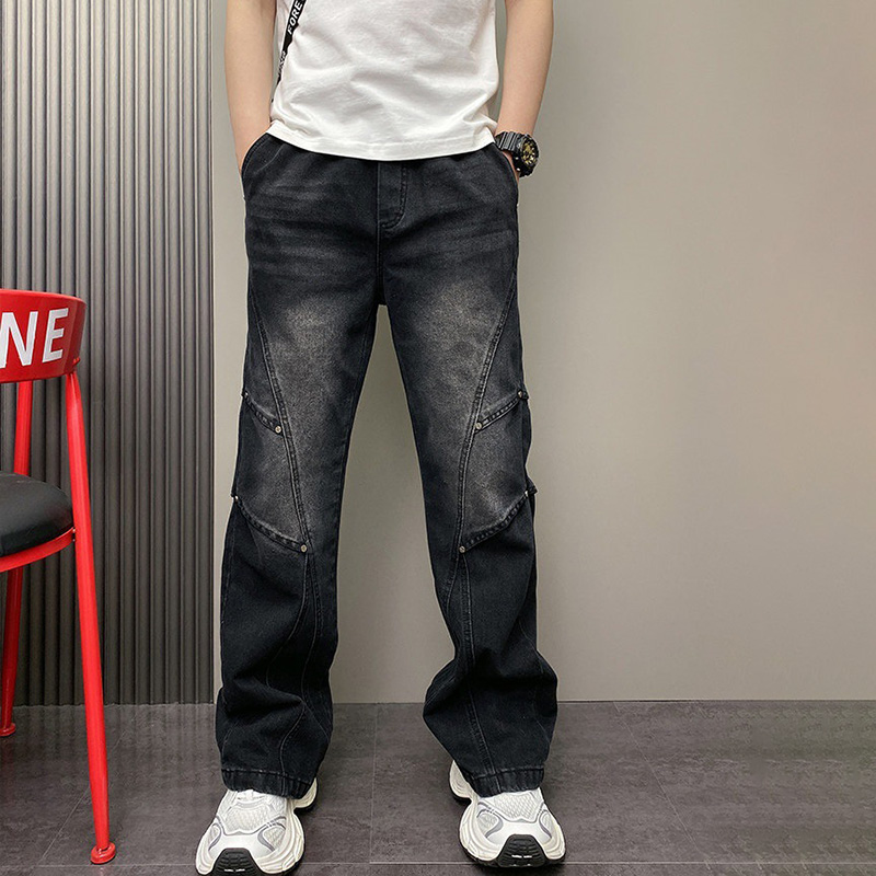 Pantalon ample coréen Haren à jambe droite, bleu, décontracté, avec cordon de serrage, taille élastique, jean tendance pour homme