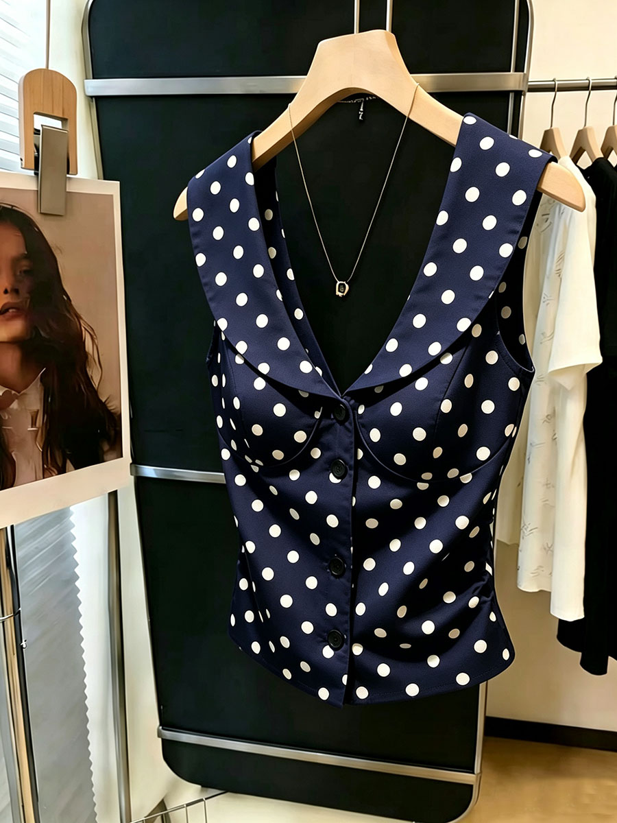 Débardeur Femme Vintage à Pois Col V Sans Manches Boutonné Coupe Slim Bleu Marine Tenue Décontractée d'Été Streetwear