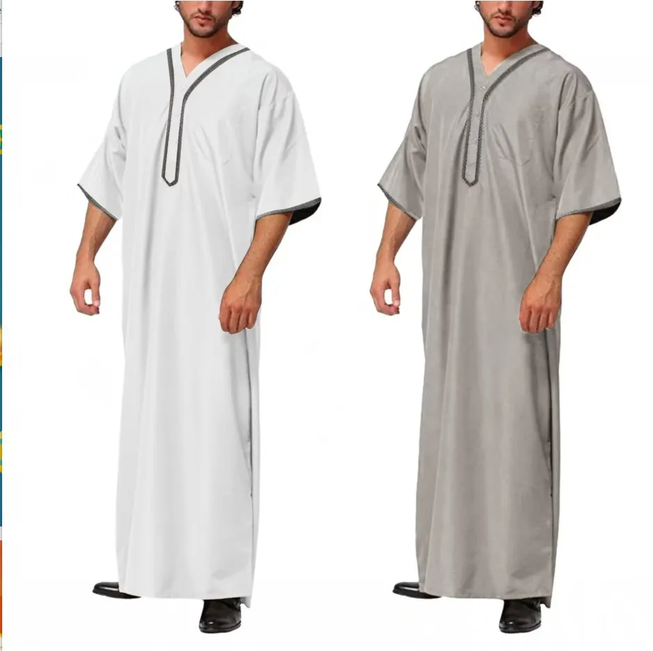 Robe brodée classique à manches courtes pour hommes, robe musulmane islamique, style ethnique arabe de Dubaï, robe formelle décontractée pour hommes, document solide, nouveau
