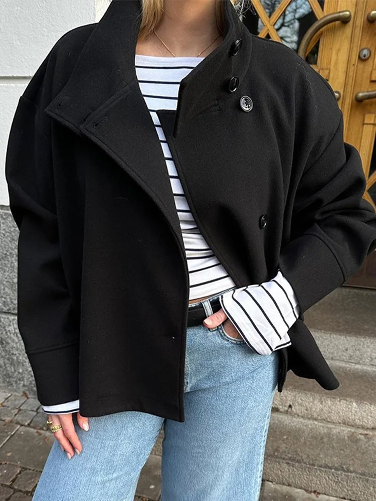 Col montant femmes hiver laine manteaux 2025 automne simple boutonnage ample femme à manches longues veste bureau dame rue manteau court