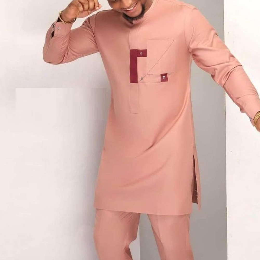 Kaftan de Mariage Rose avec Poches Trempées pour Homme, Pantalon en Y, Vêtements Ethniques Africains, Tenues Taditionnelles, Costumes à la Mode, Ensemble de 2 Pièces