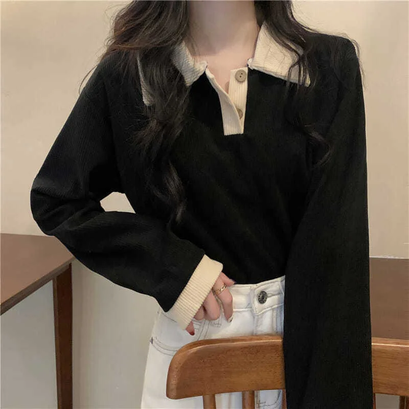 T-shirts décontractés pour femmes, mode coréenne, Style Preppy doux, hauts féminins, manches longues, col rabattu, pulls de base, automne