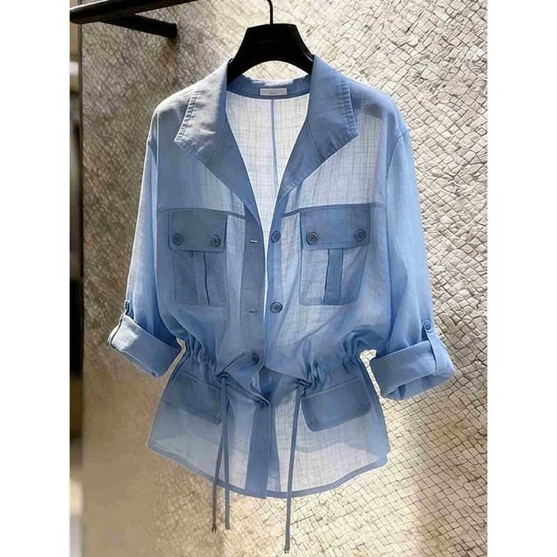 Chemisier d'été pour femme, jaune, bleu, violet, grande taille, nouveau modèle 2026, style luxe léger, avec cordon de serrage, chemise élégante
