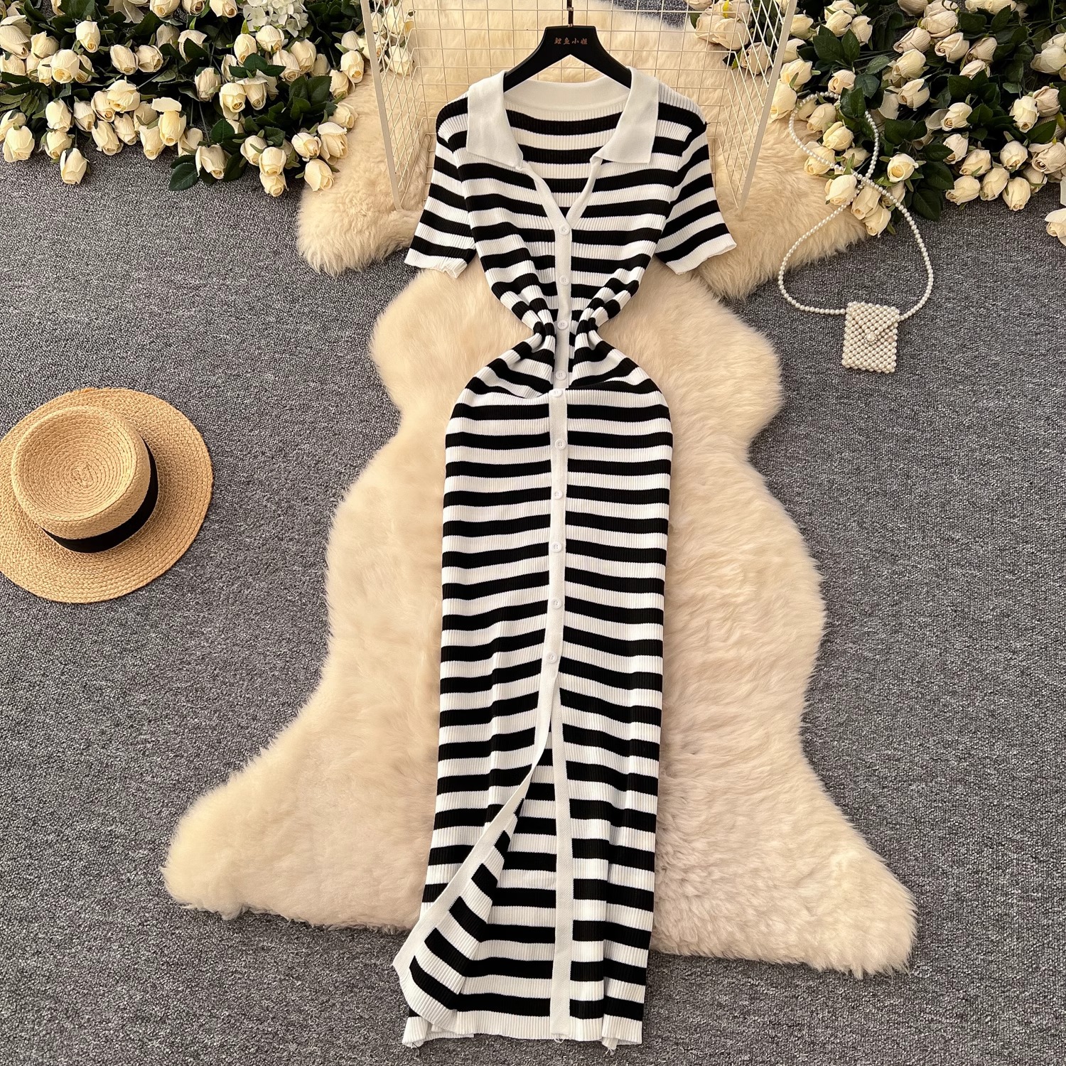 YuooMuoo Chic mode Sexy Wrap hanches tricoté Maxi robe 2026 été femmes simple boutonnage rayures robe pull Streetwear Robes
