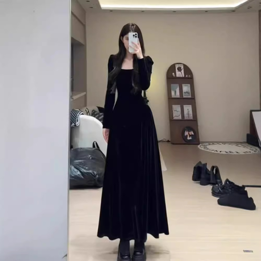 Robe de soirée en velours noir pour femme, jupe longue, style français, socialite, haut de gamme, intérieur, fête d'anniversaire, automne