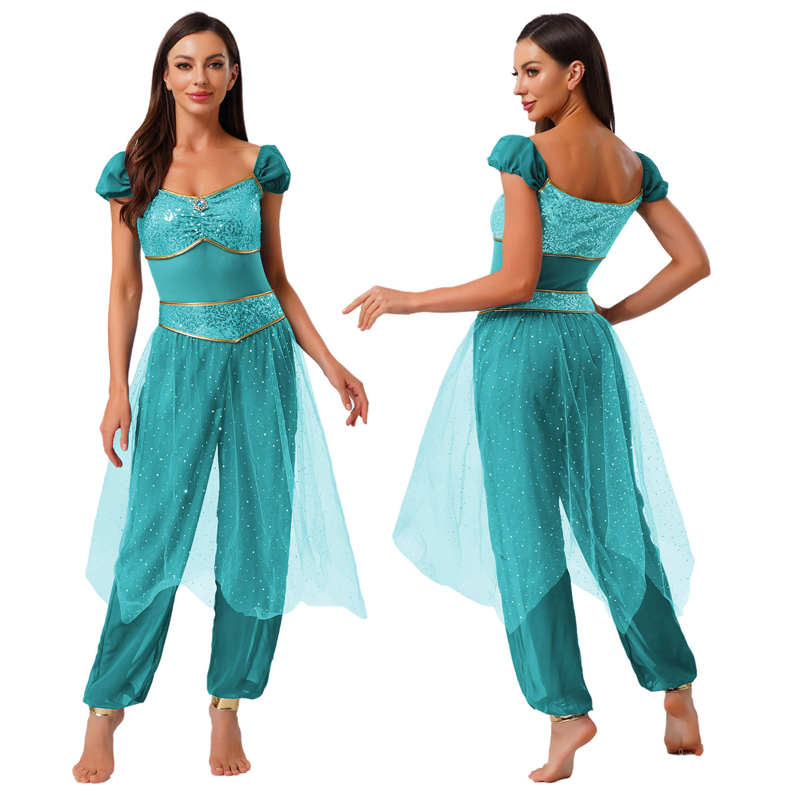 Costume de princesse arabe pour femmes, Halloween, carnaval, Aladiner, tenue de fête à thème Jasmines, barboteuse en Tulle à paillettes, combinaison de danse du ventre