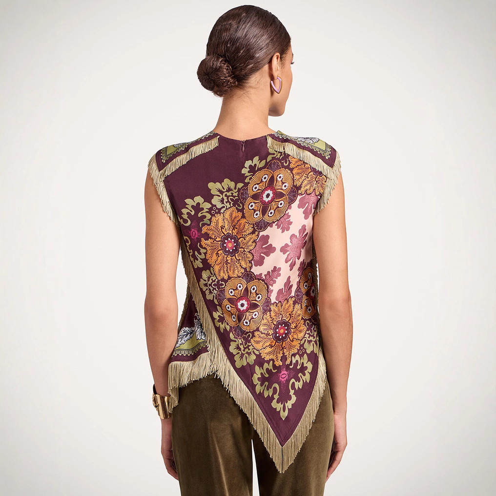 Chemisier Chic Femme 2026 en Satin à Imprimé Floral avec Franges, Col Rond, Sans Manches et Ourlet Asymétrique, Style Vintage