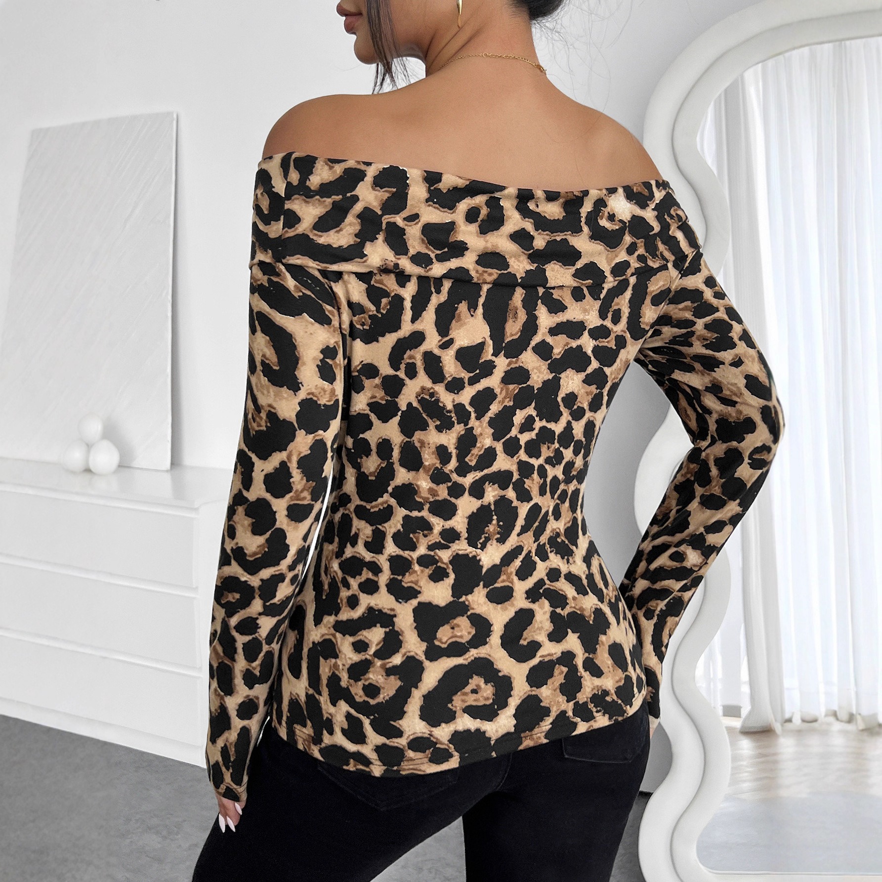 T-shirt à manches longues et épaules dénudées pour femme, sexy, imprimé léopard, nouvelle collection automne et hiver
