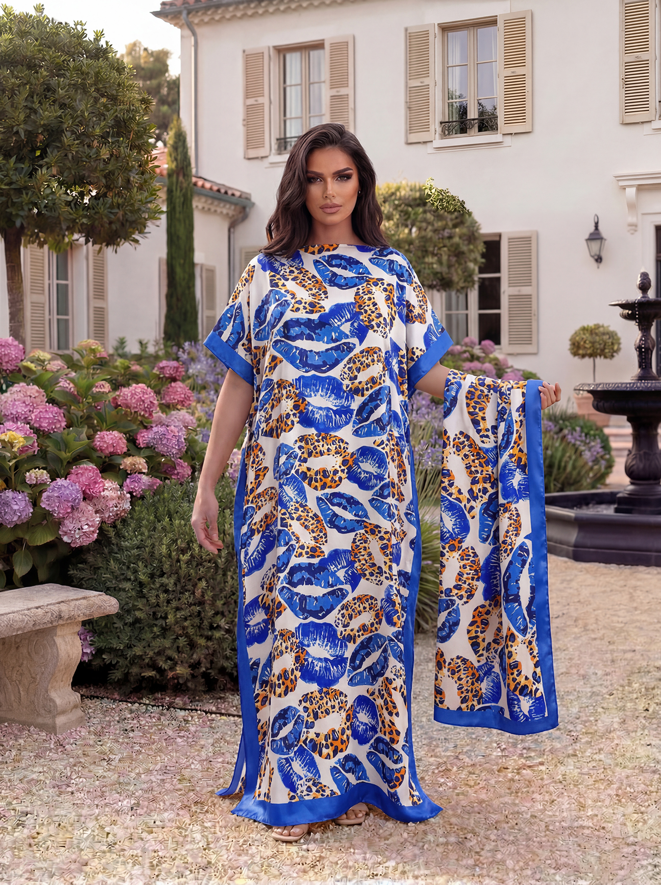 Abaya à imprimé floral de Dubaï avec foulard, kaftan maxi ample à col bateau et manches chauve-souris pour femmes musulmanes africaines