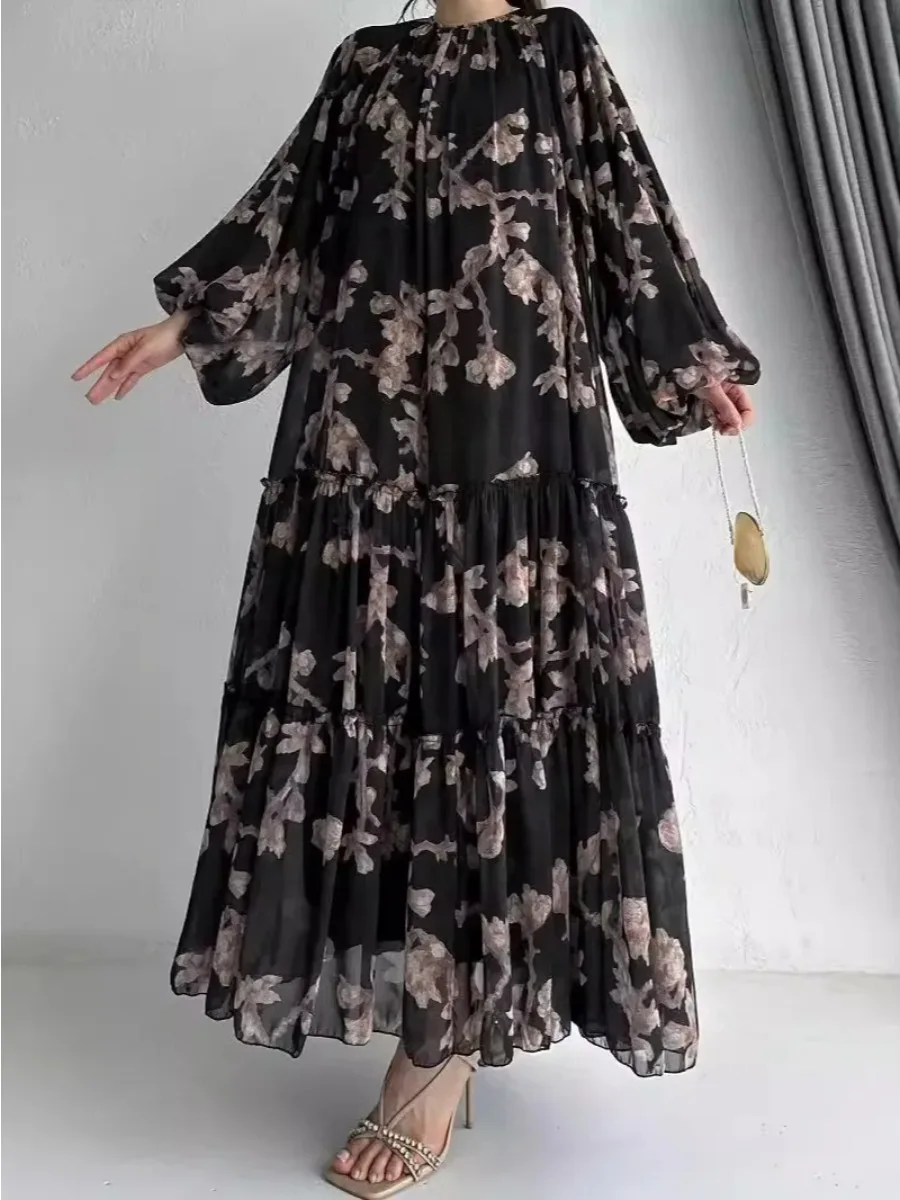 Eid mousseline de soie femmes Robe Abaya fleur imprimé robes musulmanes Largo dubaï caftan arabe longue Robe Ramadan Maroc robes Jalabiya