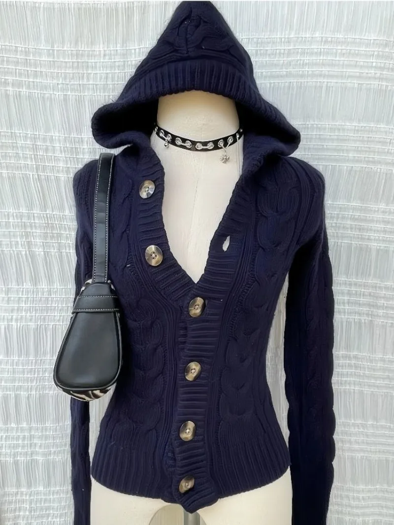 Cardigan à Capuche Bleu Foncé de Style Américain pour Femme, Pull Décontracté, Polyvalent, Rétro, Harajuku, Haut Simple, Y2K