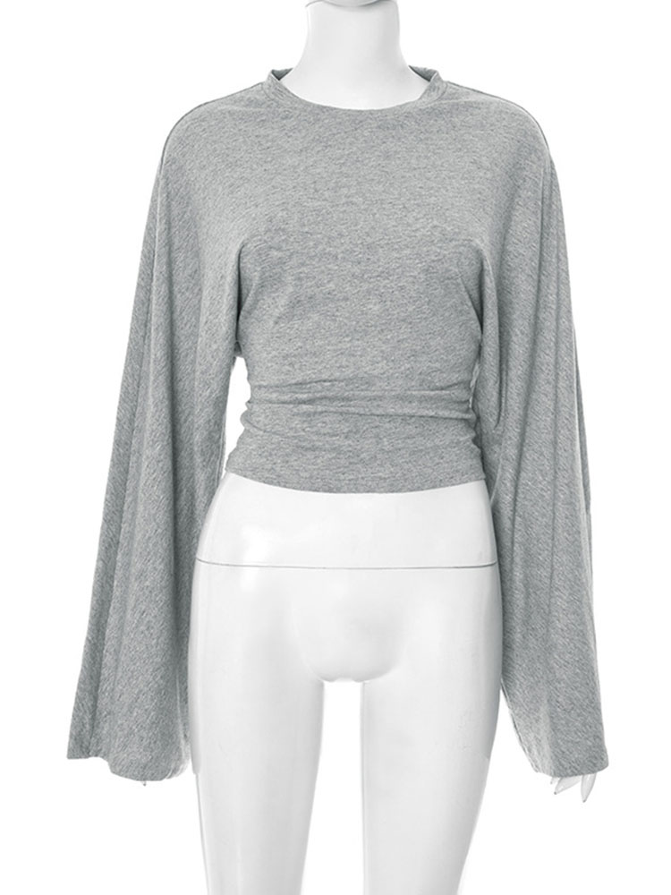 T-Shirt slim à manches longues et col rond pour femme, haut court monochromatique, décontracté, Streetwear Y2K, pull à la mode, tenue d'été