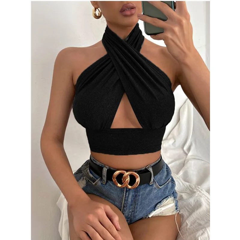 Camisole dos nu croisé pour femme, caraco licou, haut court, précieux, monochromatique, streetwear en fibre mince, été