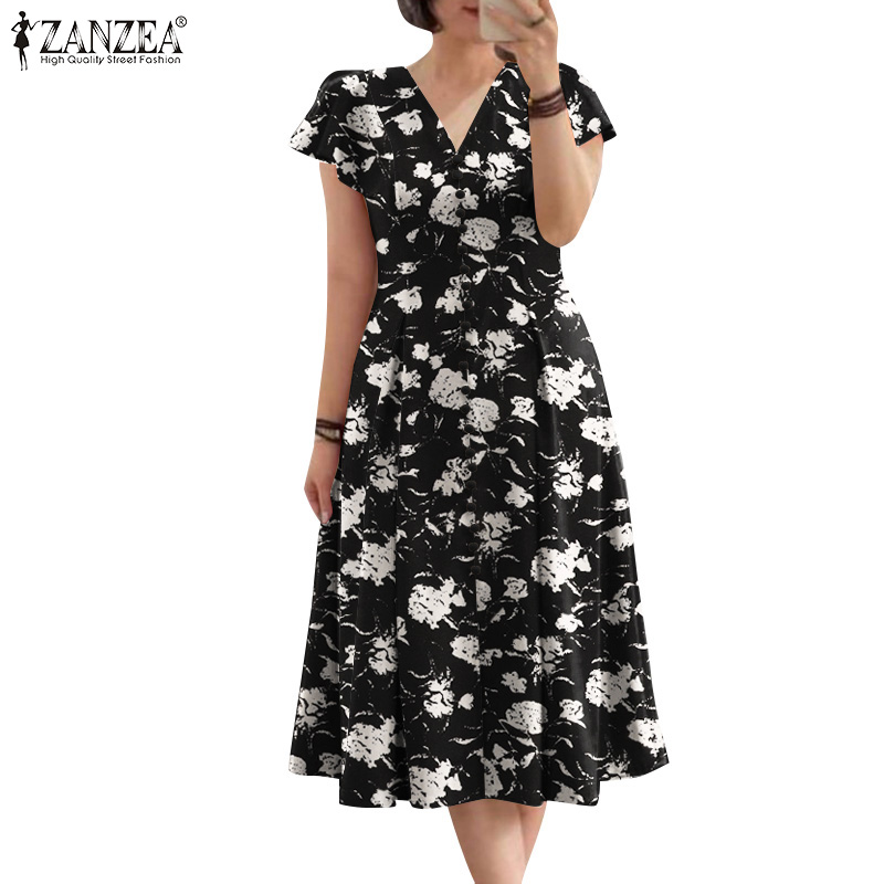 ZANZEA Robe midi élégante à imprimé floral pour femme, grande taille 5XL, col en V, manches courtes, coupe évasée, robe d'été