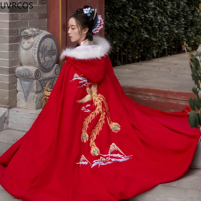 Cape Hanfu noire ancienne orientale pour femmes, Costume de princesse de Style chinois, manteau chaud à capuche brodé pour automne et hiver