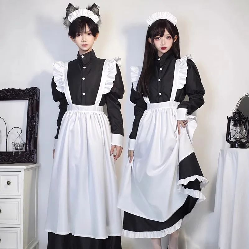 Tenue de demoiselle d'honneur de style japonais, robe longue noire et blanche, Lolita, unisexe, hommes, femmes, costume d'Halloween, uniforme, ensemble complet, adultes, grande taille