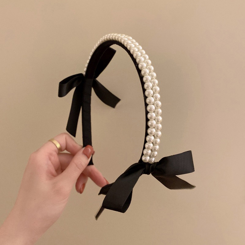 Nouveau serre-tête vintage en perles françaises avec nœud pour femmes et filles, bandeau coréen élégant noir classique, accessoires pour cheveux