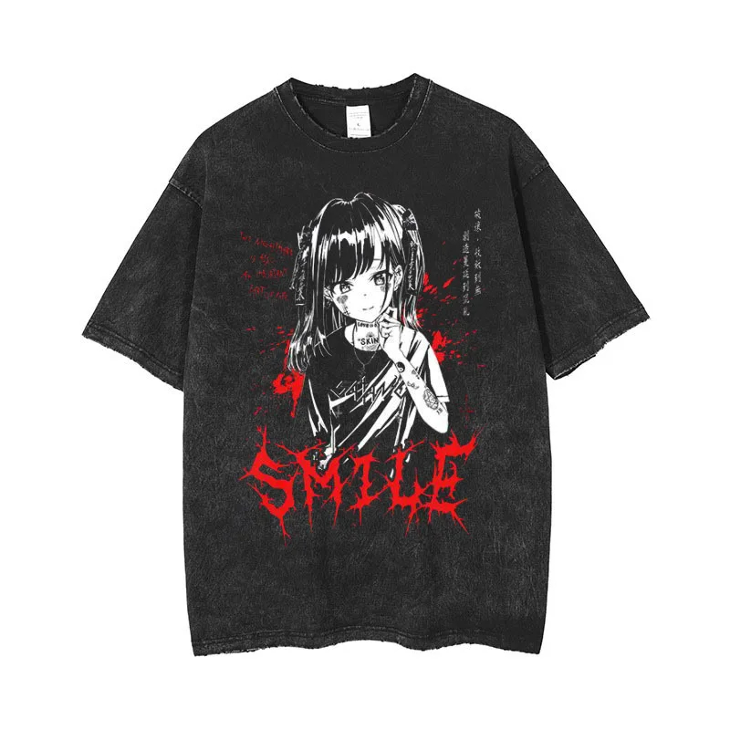 Anime hommes t-shirts gothique imprimé T-Shirt Hip Hop Streetwear Punk été Vintage lavé surdimensionné hauts hommes vêtements