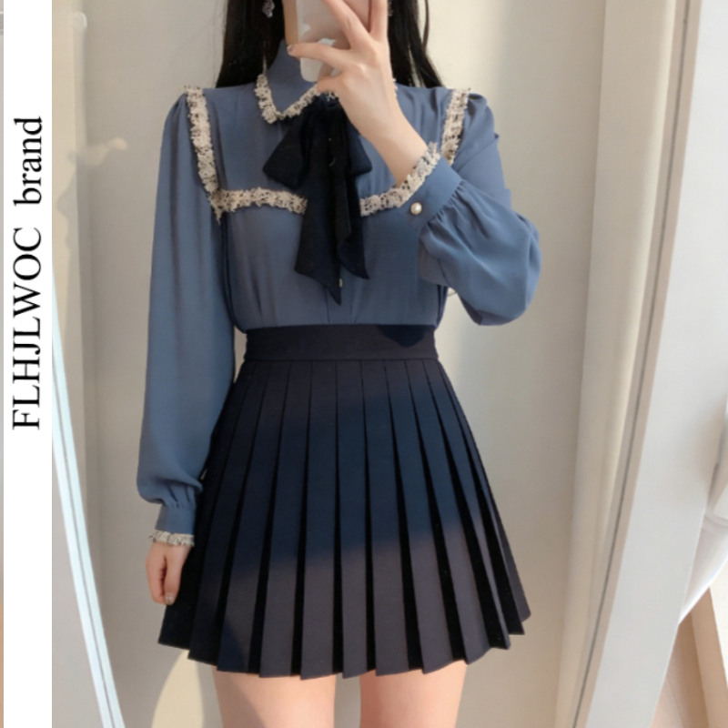 Chemisiers de style vintage pour femmes, nœud mignon, ruban aught, bouton de conception japonaise et coréenne, chemises formelles élégantes, blanc, bleu, 2409