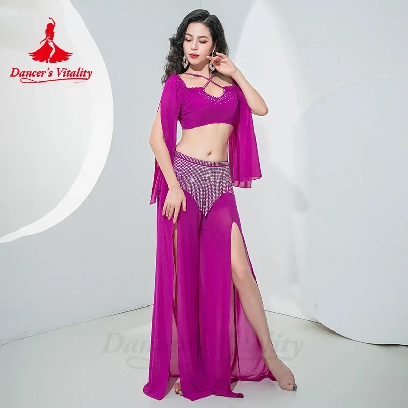 Costume de danse du ventre pour femmes, haut à manches longues + pantalon à pampilles avec pierres AB, vêtements de pratique orientale, tenue de danse du ventre pour adultes
